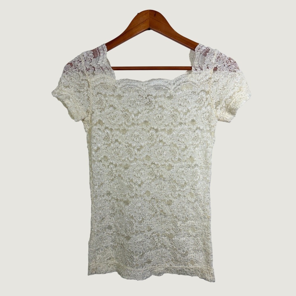 Victoria's Secret Top Womens Medium Ivory Lace Short Sleeve Square Neck Vintage